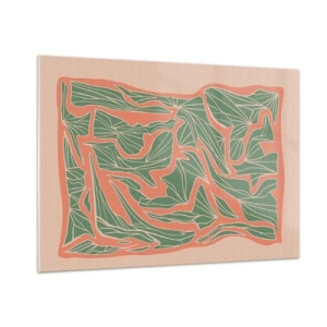 Cuadro sobre vidrio - Impresiones sobre Vidrio - Formas de hojas verdes rodeadas de un marco coral sobre un fondo beige - 100x70cm - Lucha entre el coral y el verde - Decoración de pared moderna para salón y dormitorio ARTTOR