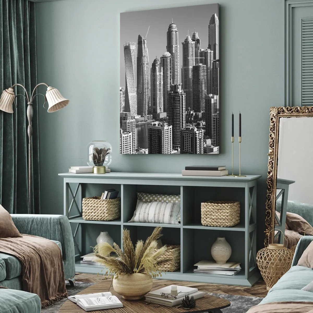 Cuadro sobre lienzo - Impresión de Imagen - Panorama de rascacielos modernos en tonos monocromáticos. - 50x70cm - Ciudad sobre el desierto - Decoración de pared moderna para salón y dormitorio ARTTOR