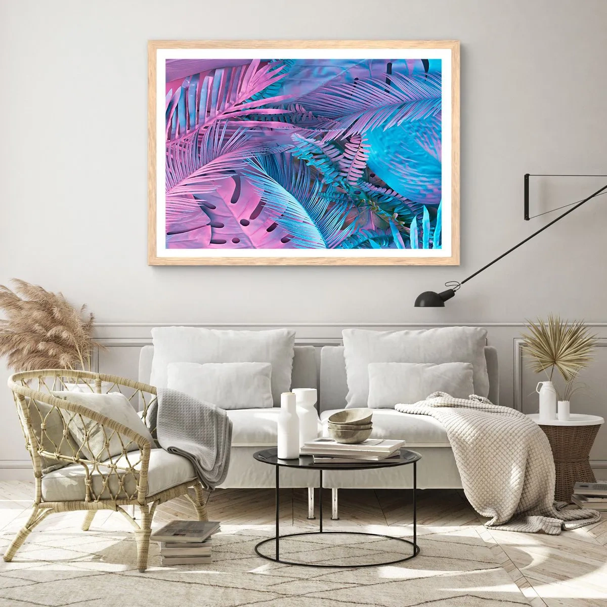 Póster en marco roble claro - Trópicos en rosa y azul - 50x40 cm