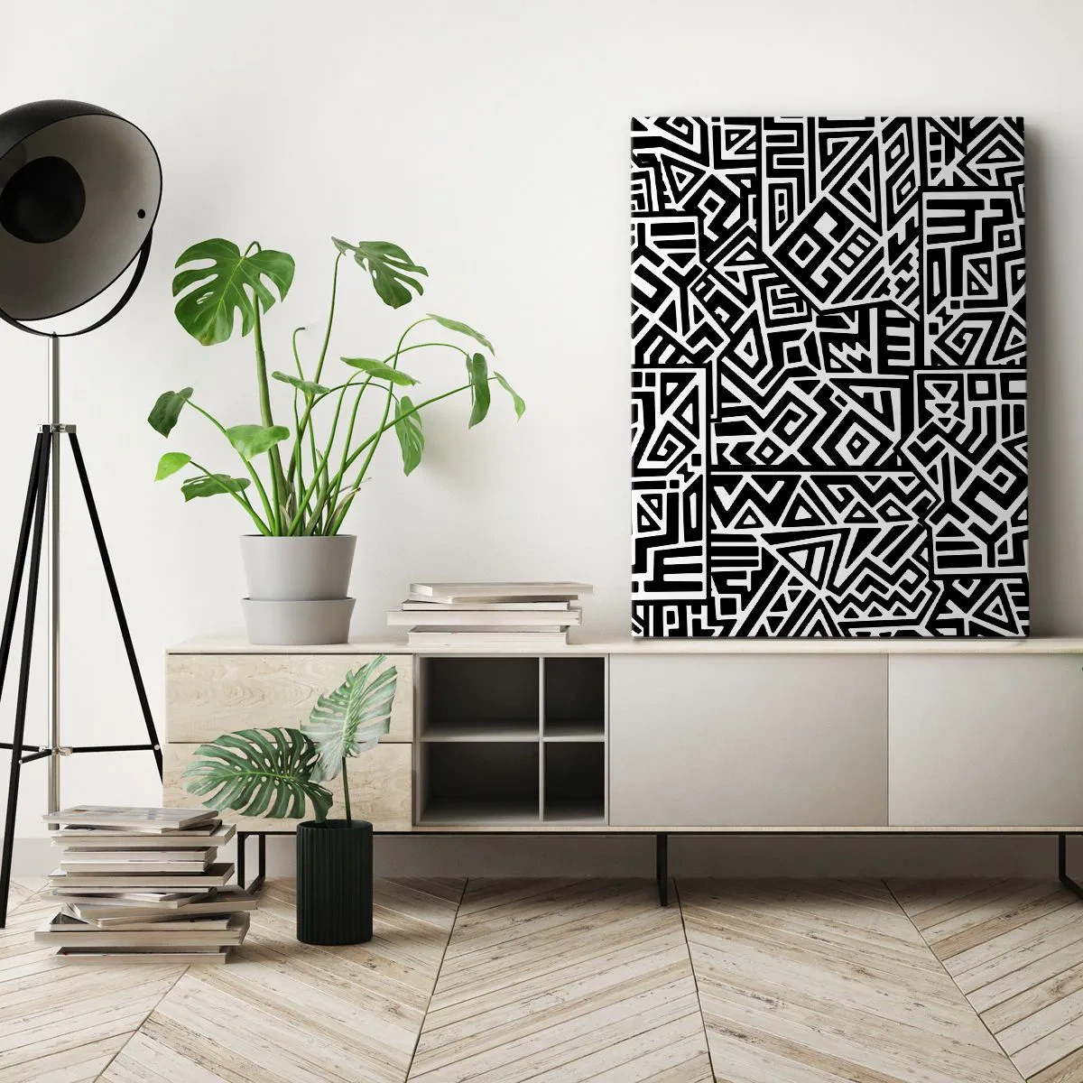 Cuadro sobre lienzo - Impresión de Imagen - Patrones geométricos en blanco y negro inspirados en la cultura precolombina. - 80x120cm - Composición precolombina - Decoración de pared moderna para salón y dormitorio ARTTOR
