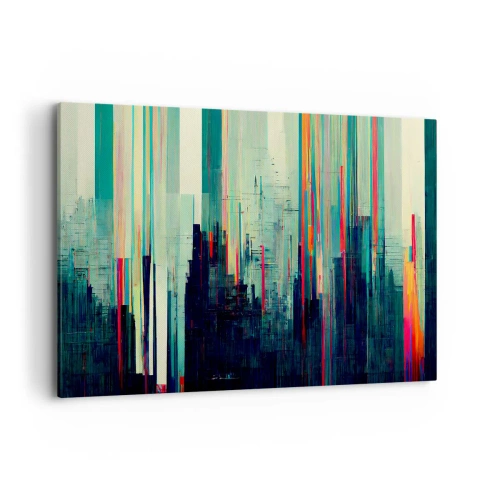 Cuadro sobre lienzo - Impresión de Imagen - Abstracción con líneas verticales y un horizonte de ciudad. - 120x80cm - Ciudad futurista - Decoración de pared moderna para salón y dormitorio ARTTOR