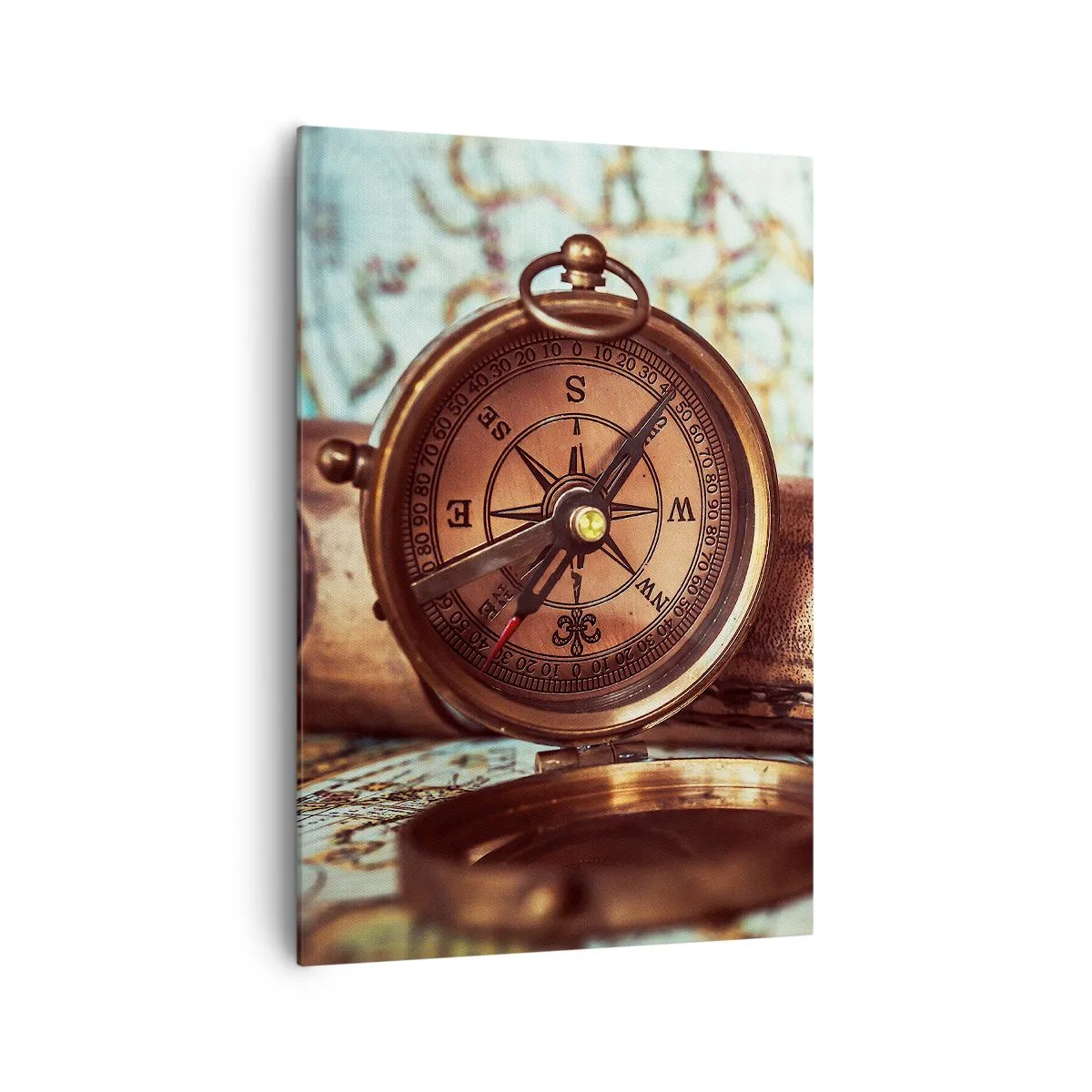 Cuadro sobre lienzo - Impresión de Imagen - Un conjunto retro con brújula, telescopio y mapa con temática de viajes. - 70x100cm - Te espera una aventura pirata en el Caribe - Decoración de pared moderna para salón y dormitorio ARTTOR