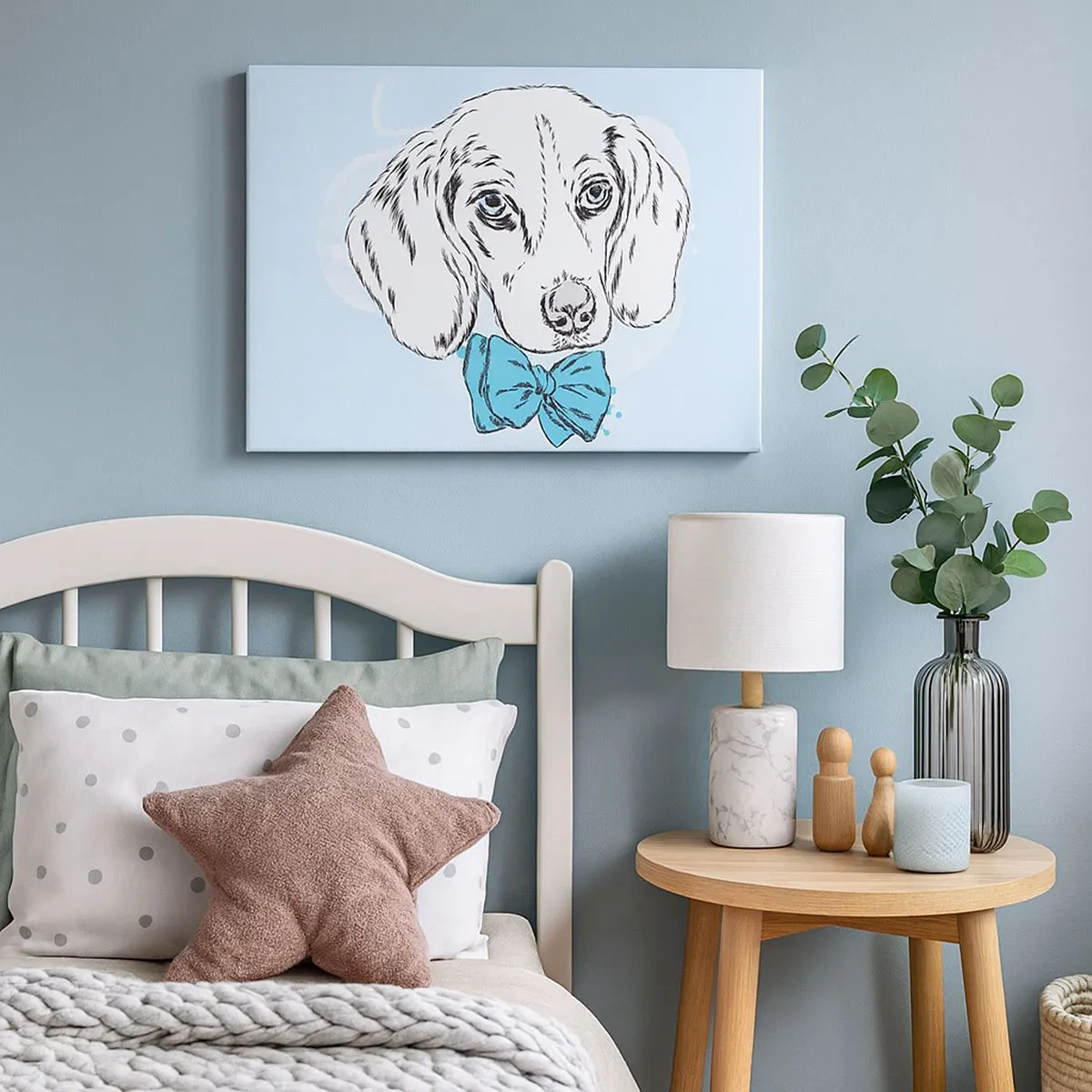 Cuadro sobre lienzo - Impresión de Imagen - Adorable gráfico de un perro con una pajarita sobre un fondo pastel. - 70x50cm - Elegancia canina - Decoración de pared moderna para salón y dormitorio ARTTOR