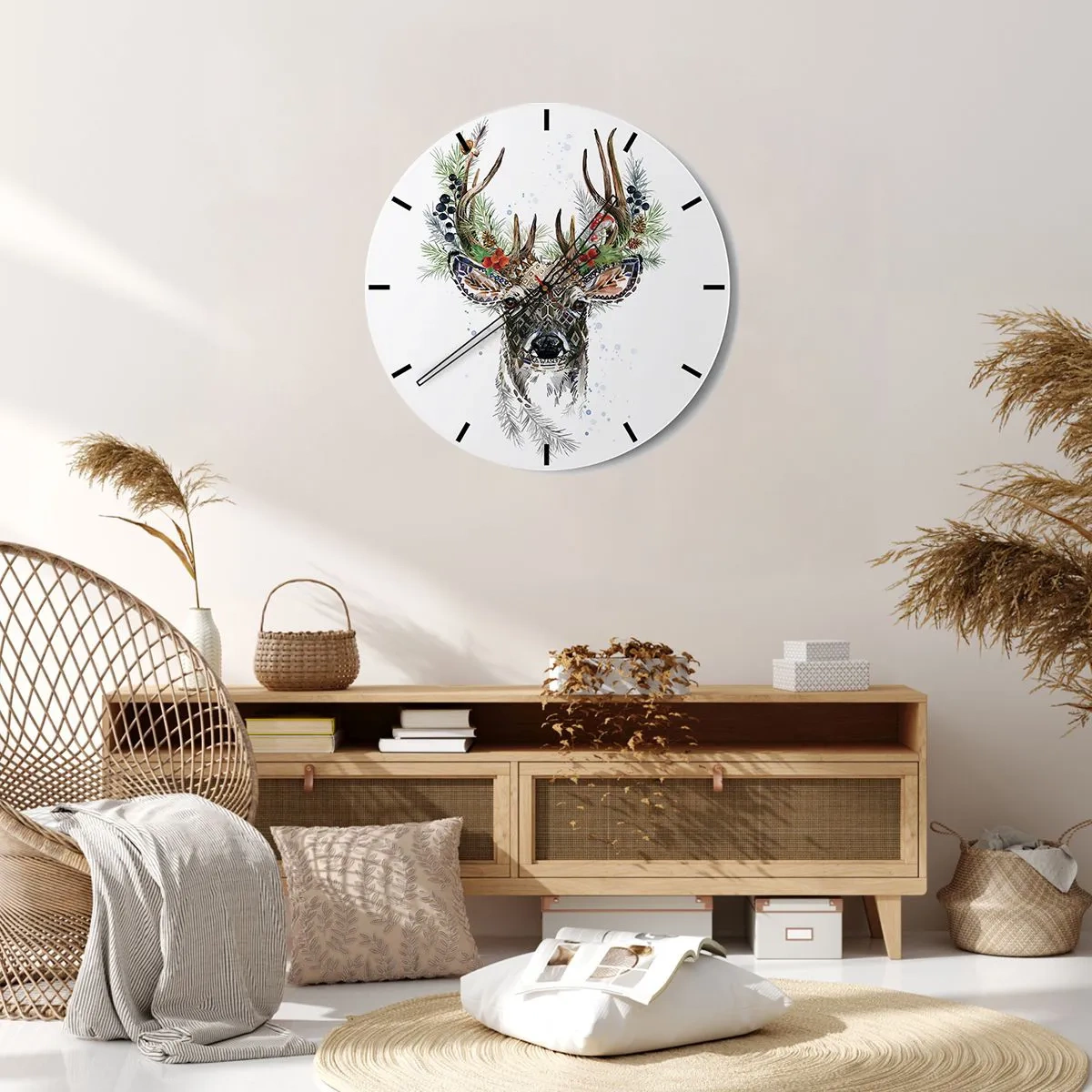 Reloj de pared - Reloj de vidrio - Ciervo estilizado con astas decorativas - 30x30cm - Con vestimenta festiva - Decoración de pared moderna para salón, cocina y dormitorio ARTTOR