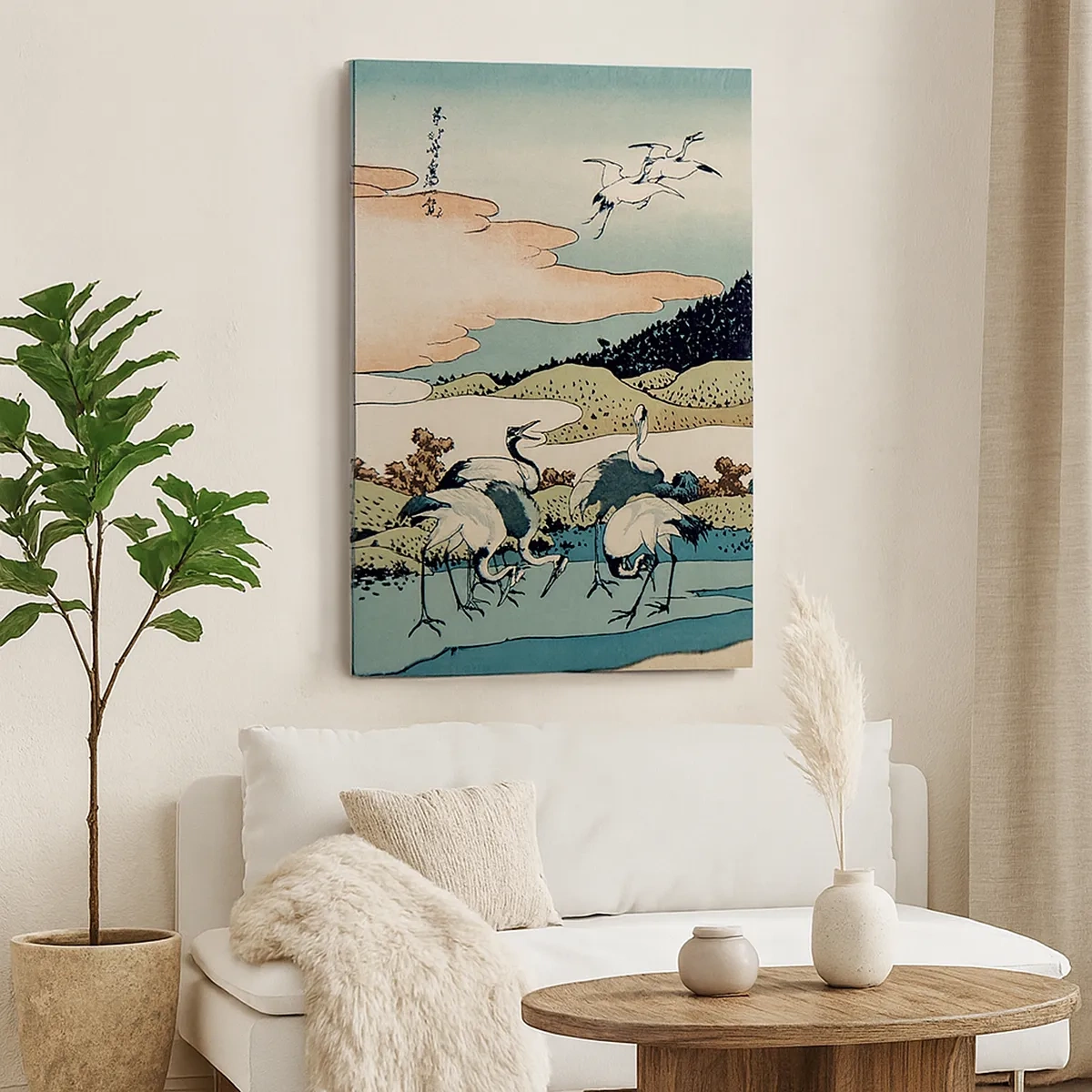 Cuadro sobre lienzo - Impresión de Imagen - Gráficos tradicionales japoneses con montañas y grúas. - 50x70cm - Alma japonesa - Decoración de pared moderna para salón y dormitorio ARTTOR