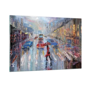 Cuadro sobre vidrio - Impresiones sobre Vidrio - Escena de la ciudad por la noche con lluvia y luces de colores. - 120x80cm - Una tarde de lluvia en la ciudad - Decoración de pared moderna para salón y dormitorio ARTTOR