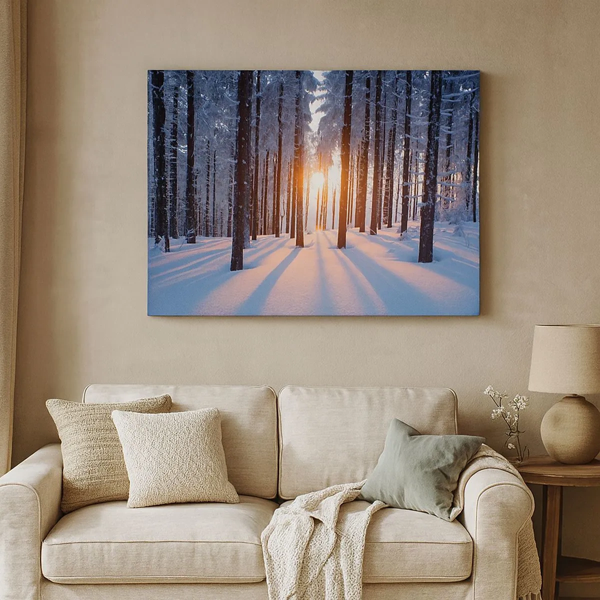 Cuadro sobre lienzo - Impresión de Imagen - Bosque invernal iluminado por los rayos del sol. - 70x50cm - Claramente en blanco y negro - Decoración de pared moderna para salón y dormitorio ARTTOR