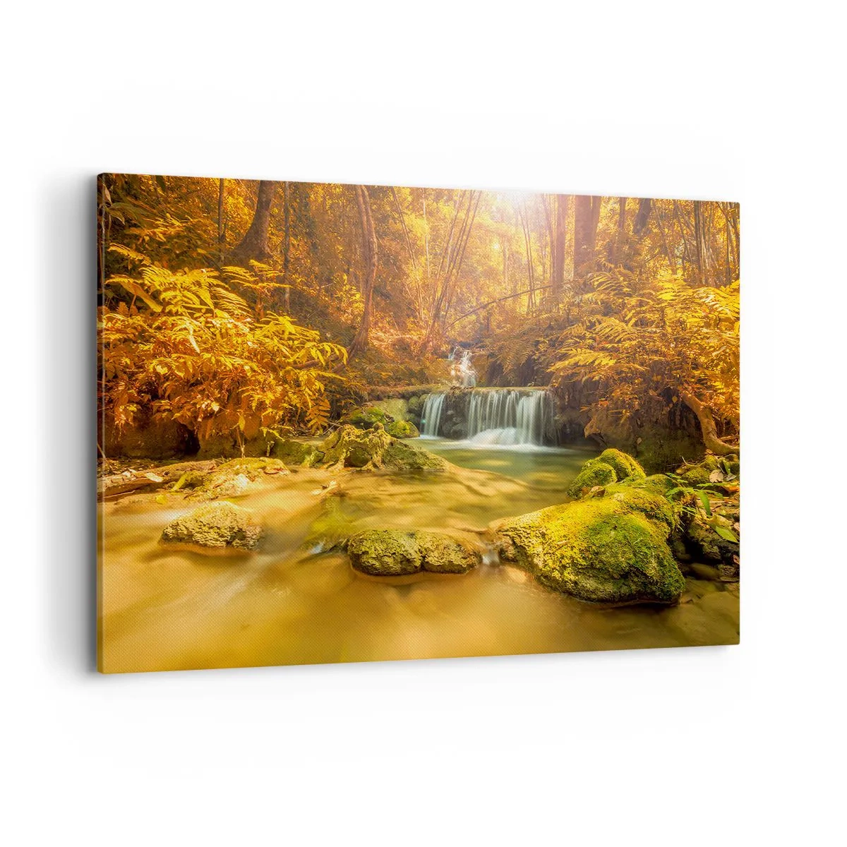 Cuadro sobre lienzo - Impresión de Imagen - Una cascada dorada en un bosque otoñal rodeado de vegetación. - 100x70cm - Cascada forestal en oro - Decoración de pared moderna para salón y dormitorio ARTTOR