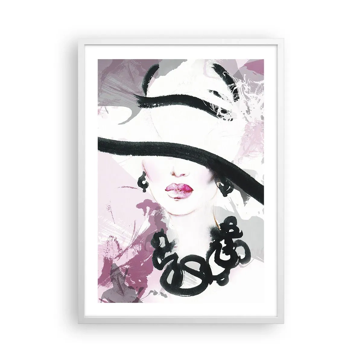 Póster en marco blanco - Retrato de una dama en negro y rosa - 50x70 cm