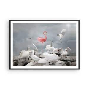 Póster en marco negro - Un flamenco rosado entre cisnes blancos con el fondo de un lago. - 100x70cm - ¿De dónde vengo? - Decoración de pared moderna para salón y dormitorio ARTTOR