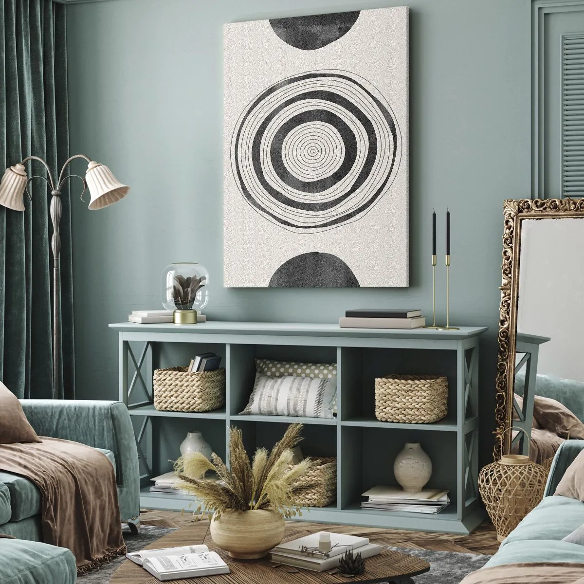 Cuadro sobre lienzo - Impresión de Imagen - Círculos minimalistas en blanco y negro sobre un fondo claro. - 50x70cm - Lo importante es lo que hay entre medias - Decoración de pared moderna para salón y dormitorio ARTTOR