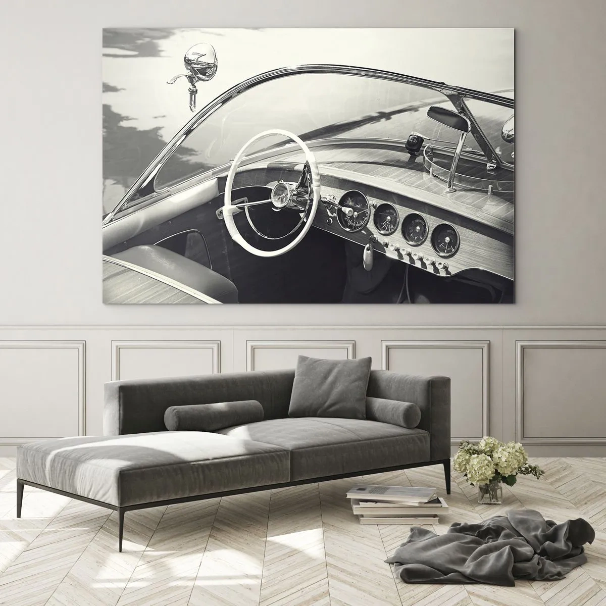 Cuadro sobre vidrio - Impresiones sobre Vidrio - Cabina de coche clásico en blanco y negro - 100x70cm - Tiempo para los ricos - Decoración de pared moderna para salón y dormitorio ARTTOR