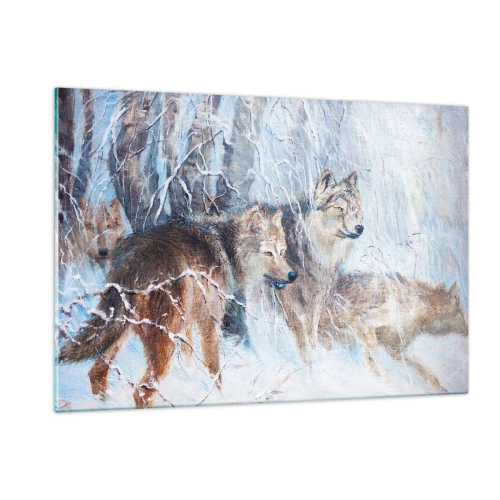 Cuadro sobre vidrio - Impresiones sobre Vidrio - Tres lobos en un bosque invernal rodeado de nieve. - 120x80cm - ¡Cuidado! Aquí viene... - Decoración de pared moderna para salón y dormitorio ARTTOR