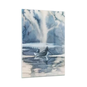 Cuadro sobre vidrio - Impresiones sobre Vidrio - Dos pescadores en un barco rodeado de un paisaje brumoso. - 50x70cm - Pescadores en su paraíso - Decoración de pared moderna para salón y dormitorio ARTTOR