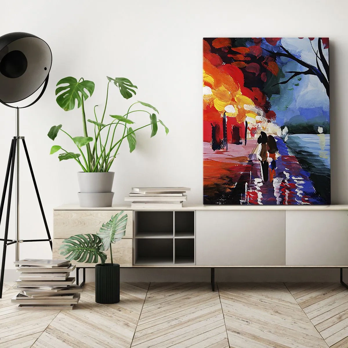 Cuadro sobre lienzo - Impresión de Imagen - Un paseo otoñal por el sendero con vistas al agua. - 50x70cm - Otoño en el parque - Decoración de pared moderna para salón y dormitorio ARTTOR