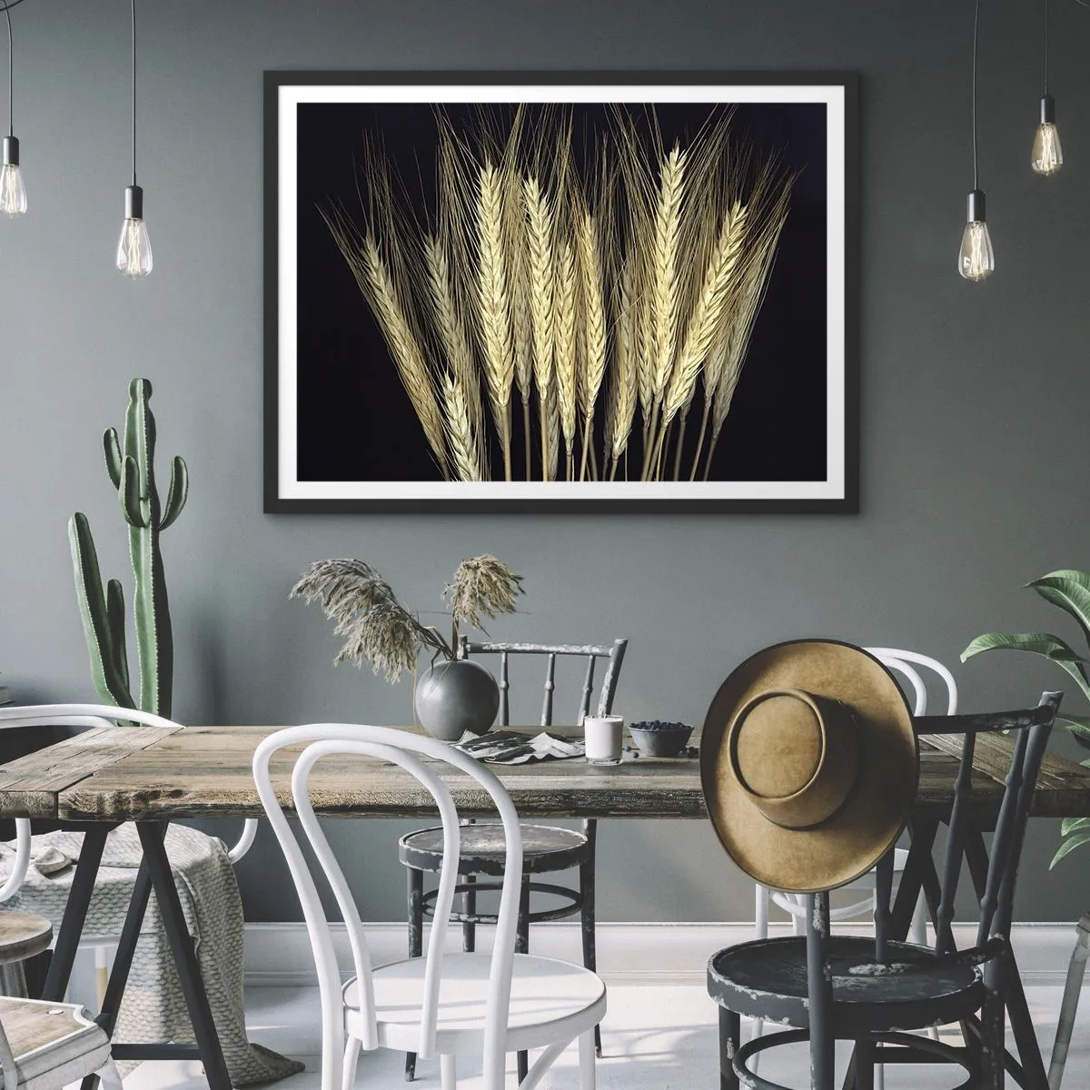 Póster en marco negro - Espigas de trigo sobre fondo negro en estilo rústico - 100x70cm - Magia rústica - Decoración de pared moderna para salón y dormitorio ARTTOR