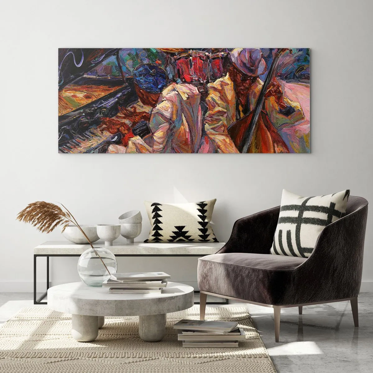 Cuadro sobre vidrio - Impresiones sobre Vidrio - Escena de jazz enérgica con músicos e instrumentos. - 140x50cm - En un ritmo mágico - Decoración de pared moderna para salón y dormitorio ARTTOR