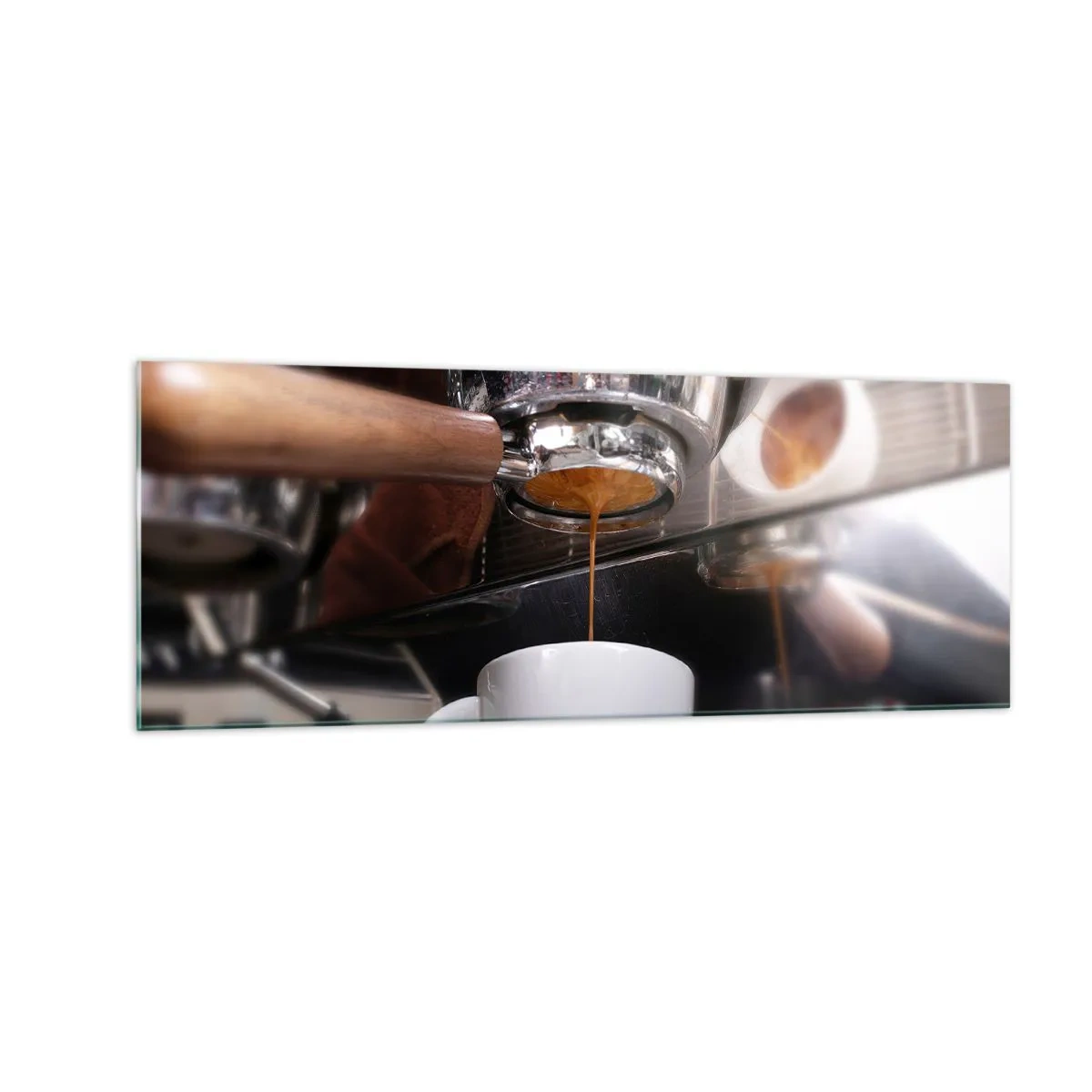 Cuadro sobre vidrio - Impresiones sobre Vidrio - Primer plano de una máquina de café preparando una dosis fresca de espresso - 140x50cm - El mejor momento del día - Decoración de pared moderna para salón y dormitorio ARTTOR