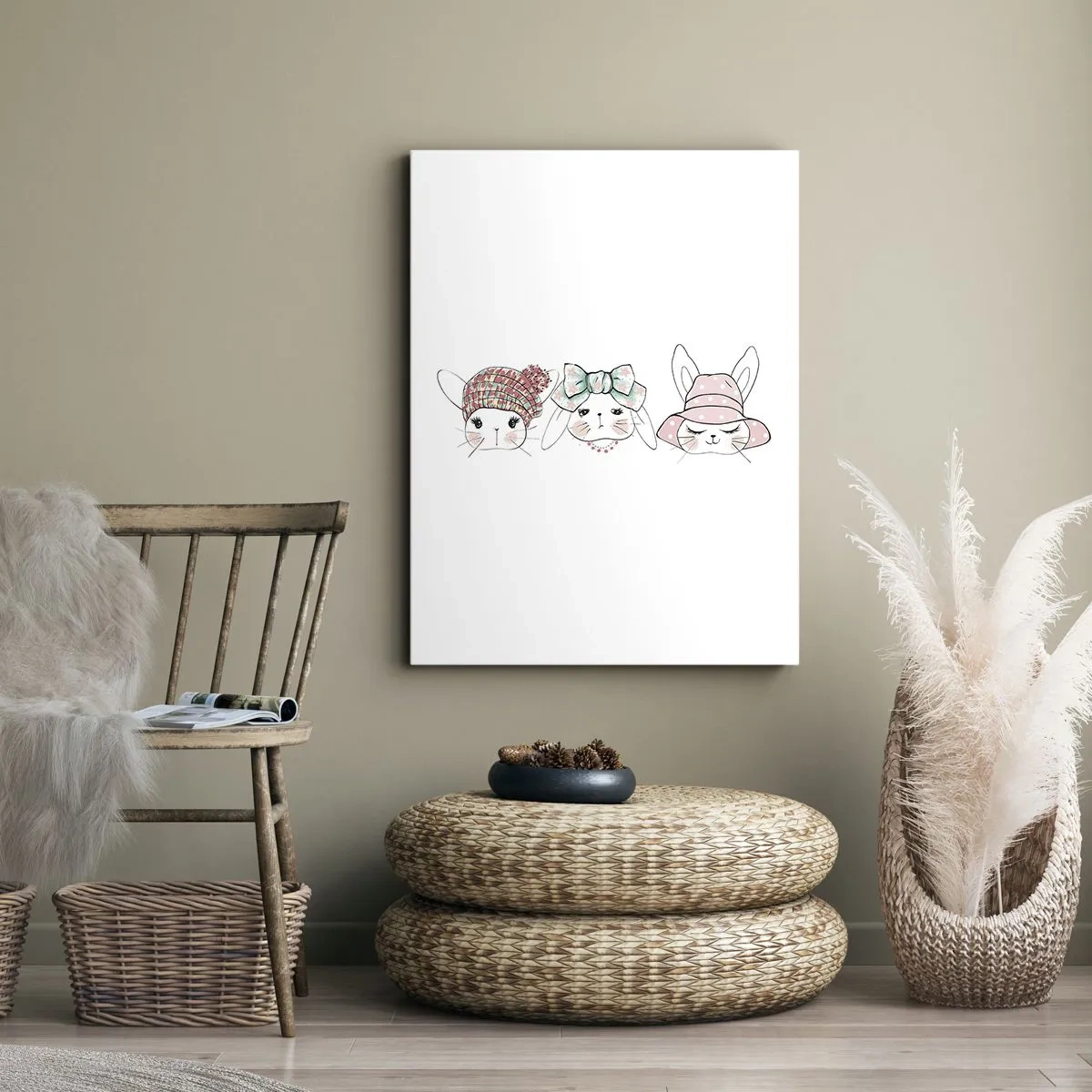 Cuadro sobre lienzo - Impresión de Imagen - Adorables conejitos con tocados en tonos pastel - 80x120cm - Reflexión, tristeza, alegría - Decoración de pared moderna para salón y dormitorio ARTTOR