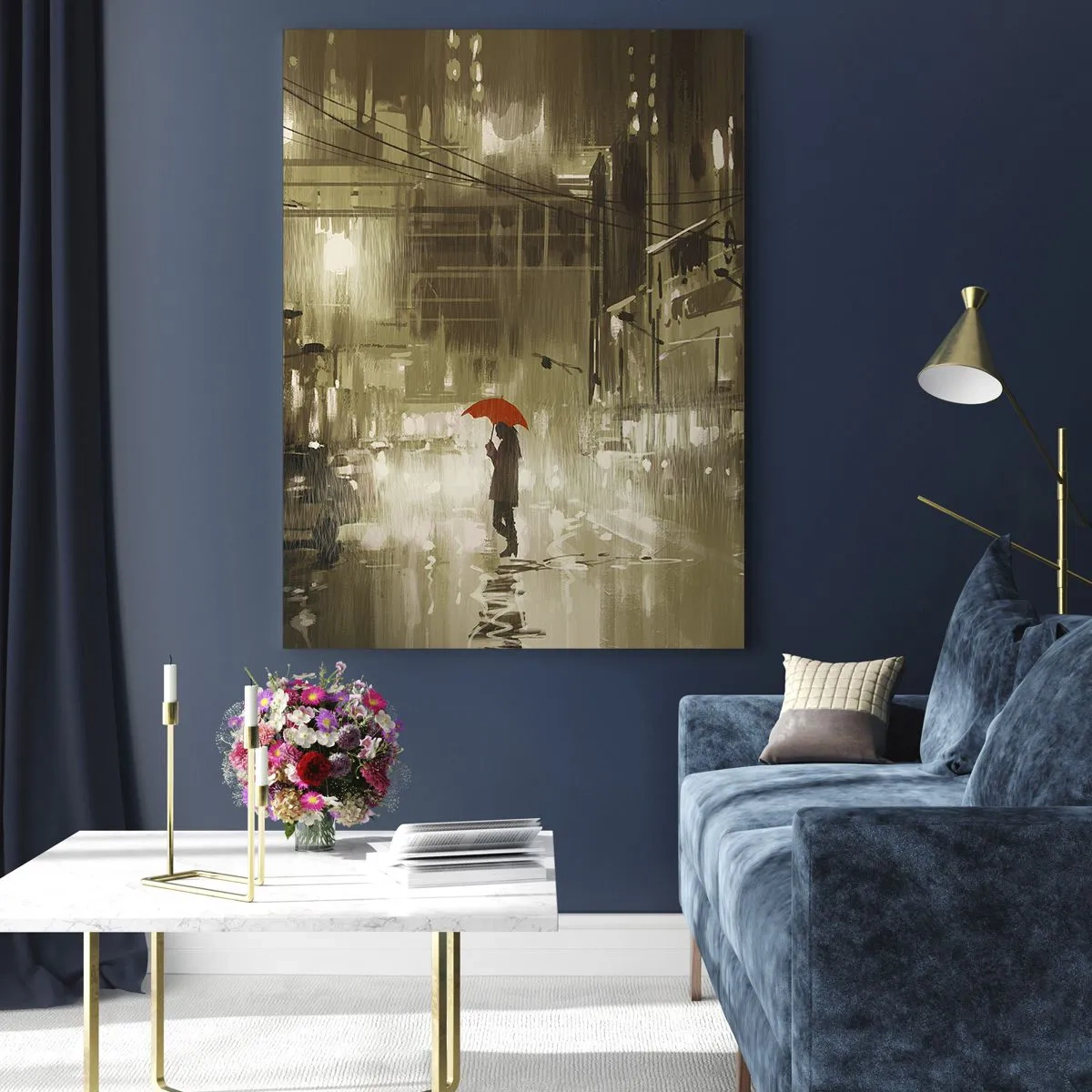 Cuadro sobre vidrio - Impresiones sobre Vidrio - Una figura con un paraguas rojo en una ciudad lluviosa. - 70x100cm - Soledad en la urbe - Decoración de pared moderna para salón y dormitorio ARTTOR