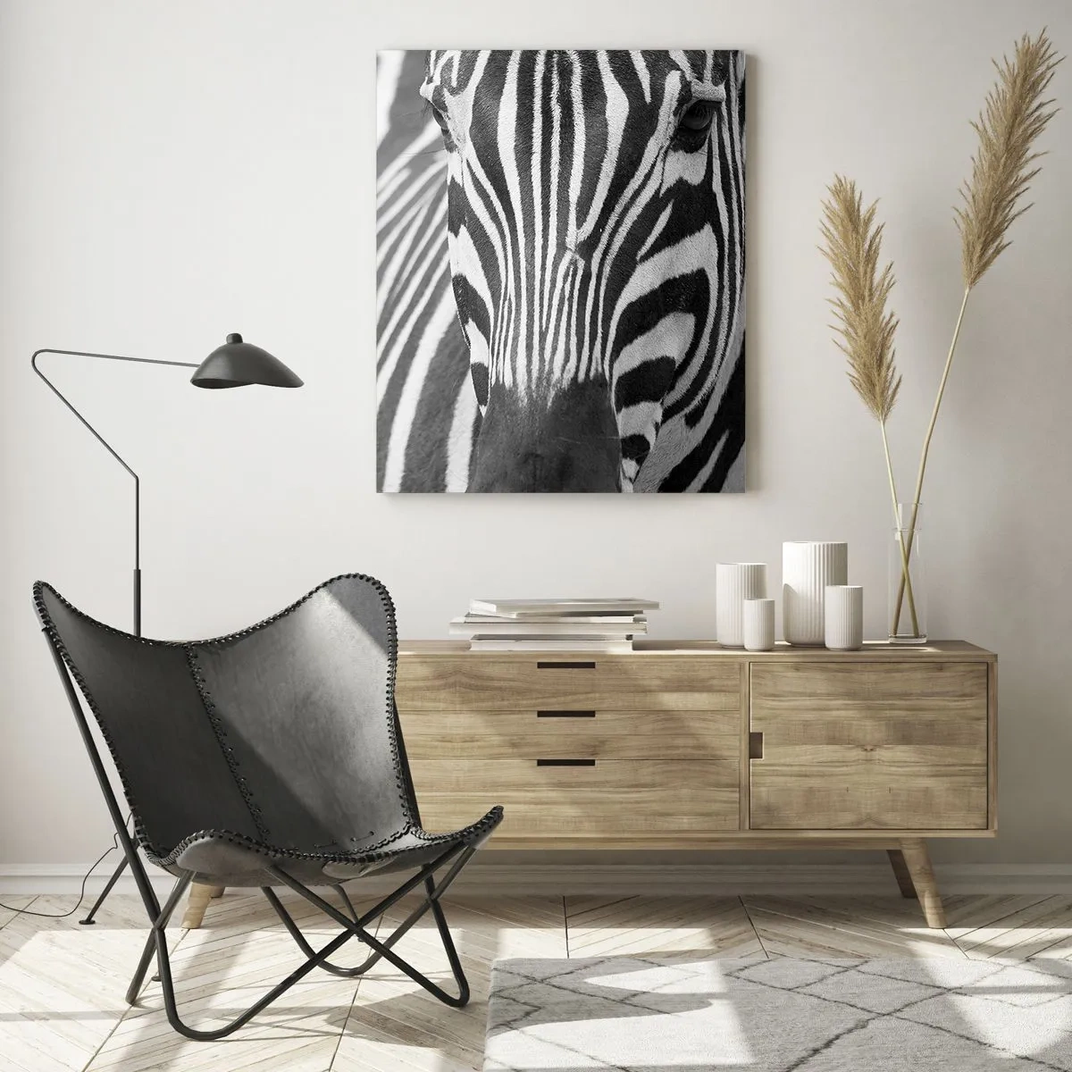 Cuadro sobre vidrio - Impresiones sobre Vidrio - Retrato en blanco y negro de una cebra con rayas visibles. - 50x70cm - El mundo es blanco y negro - Decoración de pared moderna para salón y dormitorio ARTTOR
