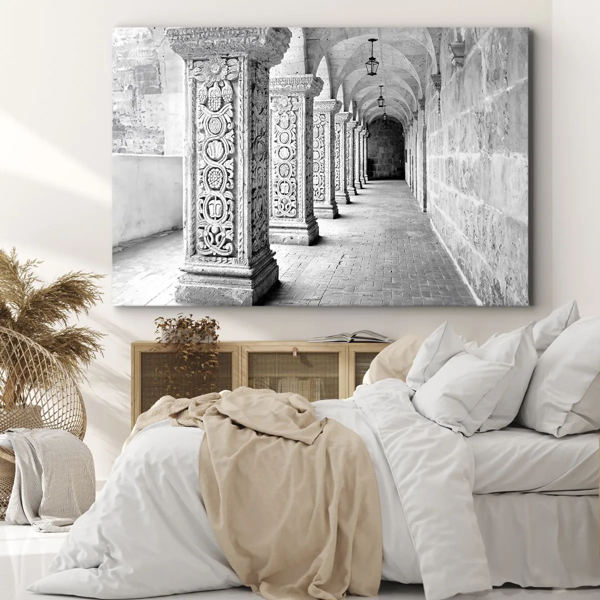 Cuadro sobre lienzo - Impresión de Imagen - Columnas históricas en una toma monocromática - 70x50cm - ¿Y adónde nos llevará...? - Decoración de pared moderna para salón y dormitorio ARTTOR
