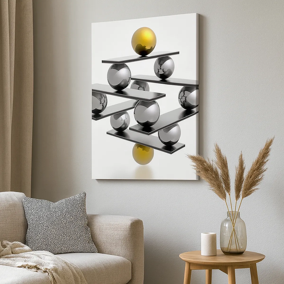 Cuadro sobre lienzo - Impresión de Imagen - Composición geométrica con bolas de metal y acento dorado. - 50x70cm - Balance de oro y plata - Decoración de pared moderna para salón y dormitorio ARTTOR