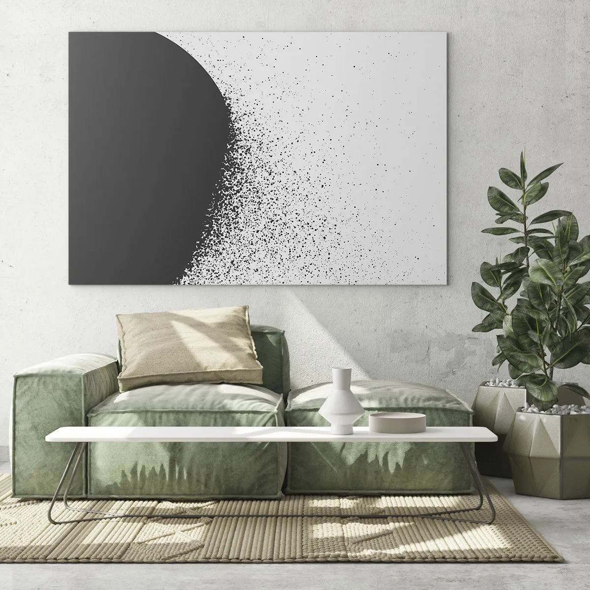 Cuadro sobre vidrio - Impresiones sobre Vidrio - Abstracción de una masa negra que se deshace sobre un fondo blanco - 70x50cm - El movimiento de las partículas - Decoración de pared moderna para salón y dormitorio ARTTOR