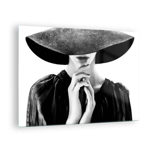 Cuadro sobre vidrio - Impresiones sobre Vidrio - Mujer elegante vestida de negro con un sombrero que le cubre la cara. - 70x50cm - Belleza oculta - Decoración de pared moderna para salón y dormitorio ARTTOR