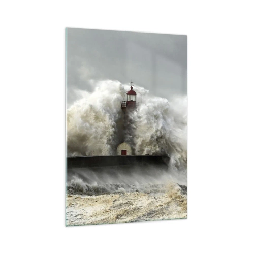Cuadro sobre vidrio - Impresiones sobre Vidrio - Un faro rodeado de fuertes olas durante una tormenta. - 70x100cm - La furia del océano - Decoración de pared moderna para salón y dormitorio ARTTOR