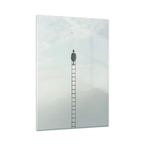 Cuadro sobre vidrio - Impresiones sobre Vidrio - Silueta de un hombre en lo alto de una escalera en las nubes - 50x70cm - Hacia lo más alto - Decoración de pared moderna para salón y dormitorio ARTTOR