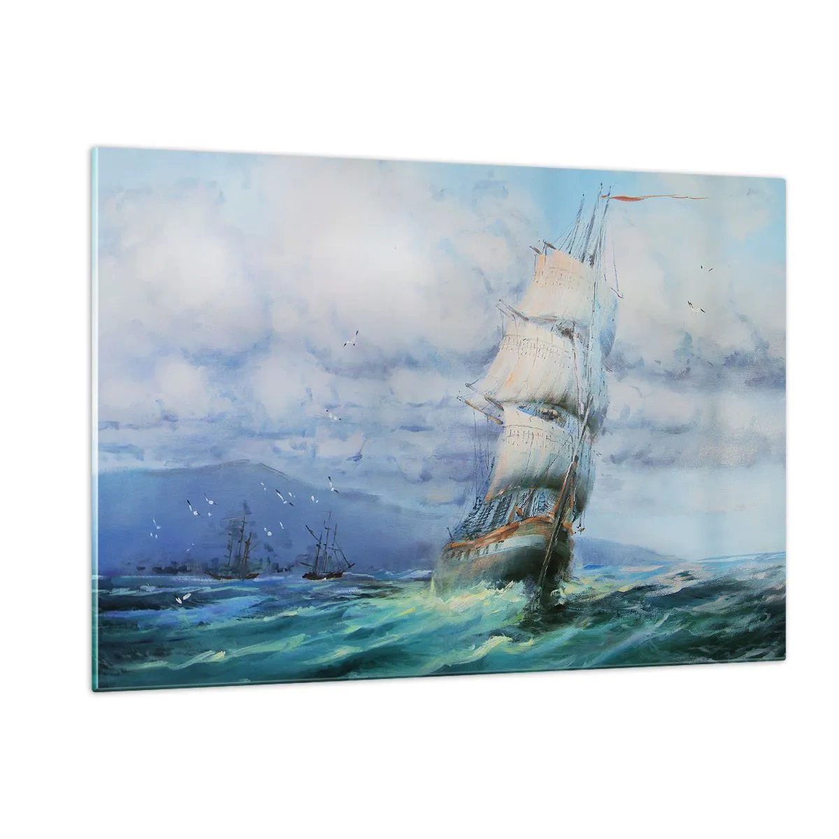 Cuadro sobre vidrio - Impresiones sobre Vidrio - Un barco con velas navegando en un mar tempestuoso bajo un cielo nublado. - 120x80cm - Viento en popa - Decoración de pared moderna para salón y dormitorio ARTTOR