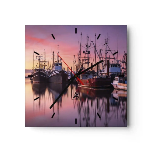 Reloj de pared - Reloj de vidrio - Barcos de pesca en el puerto al atardecer - 30x30cm - Descanso antes de partir - Decoración de pared moderna para salón y dormitorio ARTTOR
