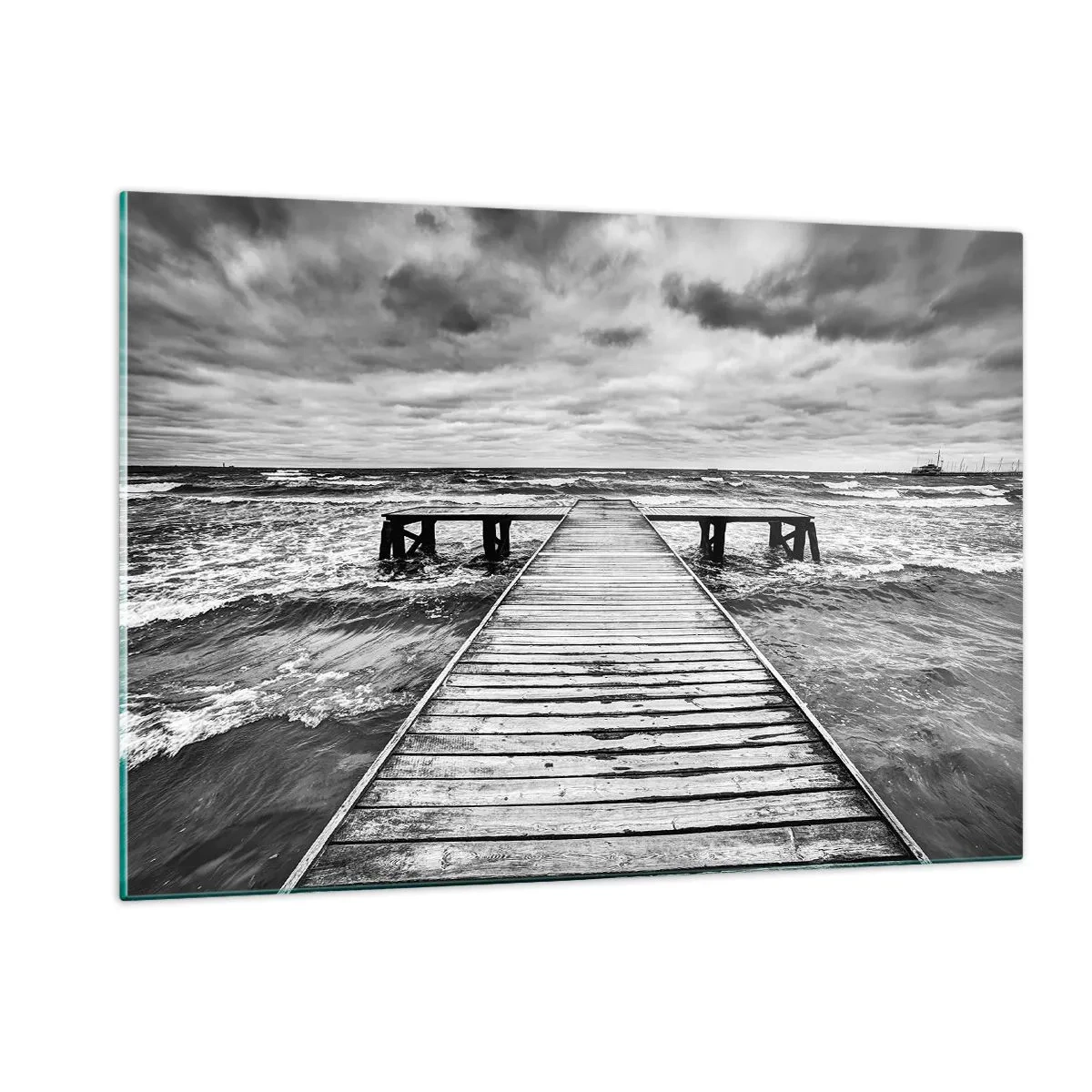 Cuadro sobre vidrio - Impresiones sobre Vidrio - Un embarcadero blanco y negro en medio de olas agitadas - 120x80cm - Estoy esperando que sople el viento... - Decoración de pared moderna para salón y dormitorio ARTTOR