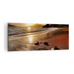 Cuadro sobre lienzo - Impresión de Imagen - Playa al atardecer con piedras en la orilla - 120x50cm - Sigue el sol hacia las colinas - Decoración de pared moderna para salón y dormitorio ARTTOR