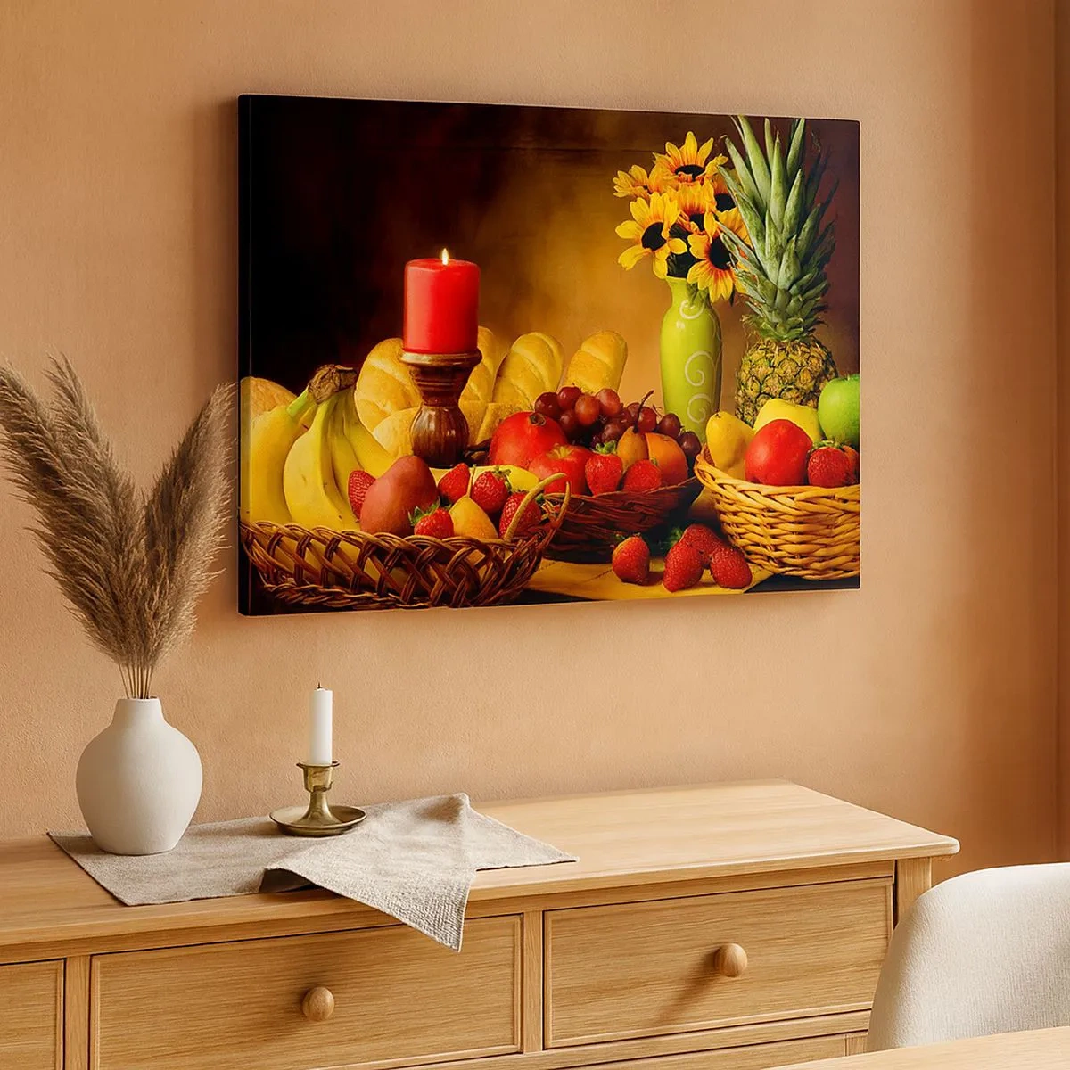 Cuadro sobre lienzo - Impresión de Imagen - Bodegón con fruta, pan, vela y flores. - 70x50cm - Bodegón con pan y fruta - Decoración de pared moderna para salón y dormitorio ARTTOR