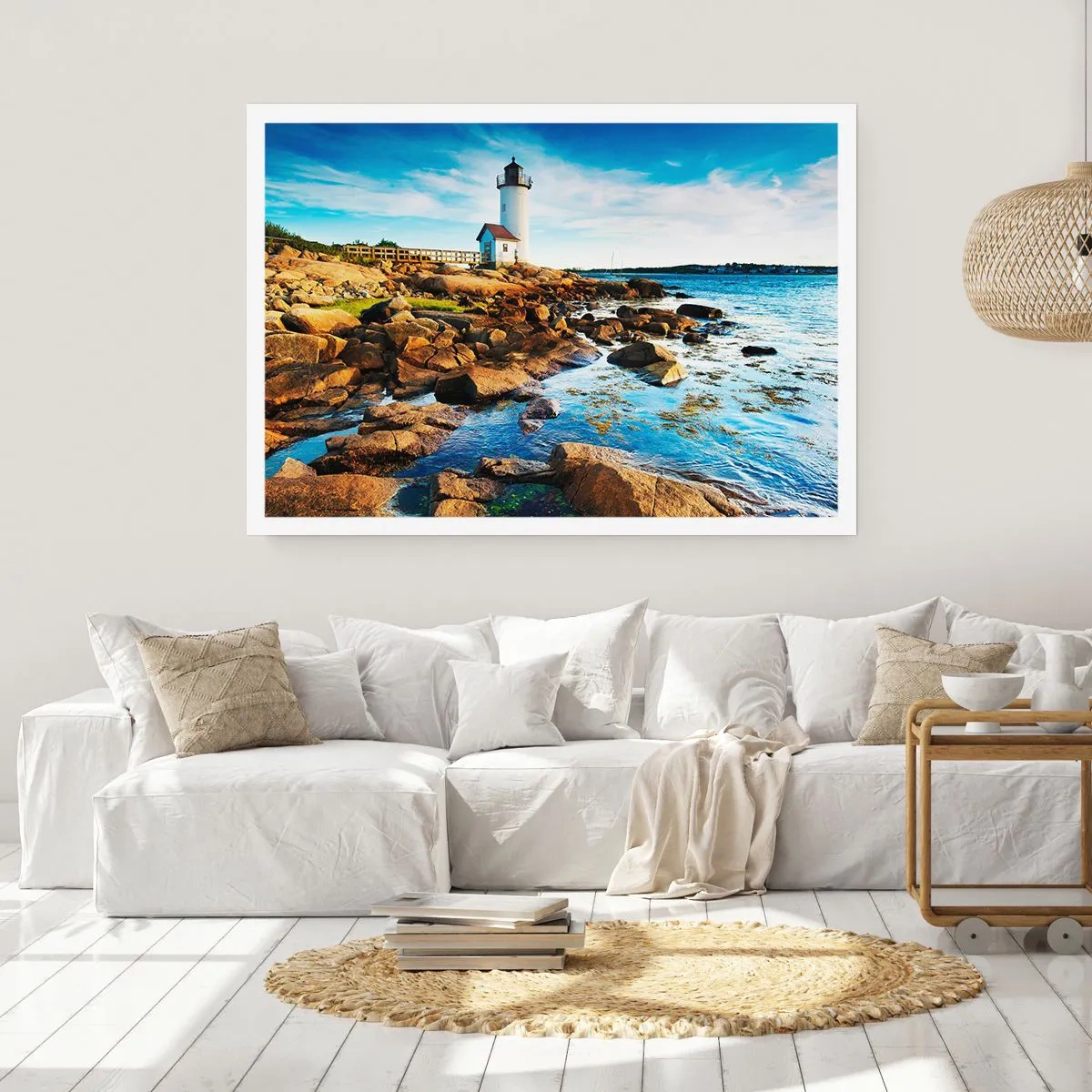 Póster - Un faro en una costa rocosa en un día soleado. - 100x70cm - Esperando vuestro regreso - Decoración de pared moderna para salón y dormitorio ARTTOR