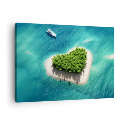 Cuadro sobre lienzo - Impresión de Imagen - Una romántica isla en forma de corazón en un mar turquesa. - 70x50cm - Me encanta el verano - Decoración de pared moderna para salón y dormitorio ARTTOR