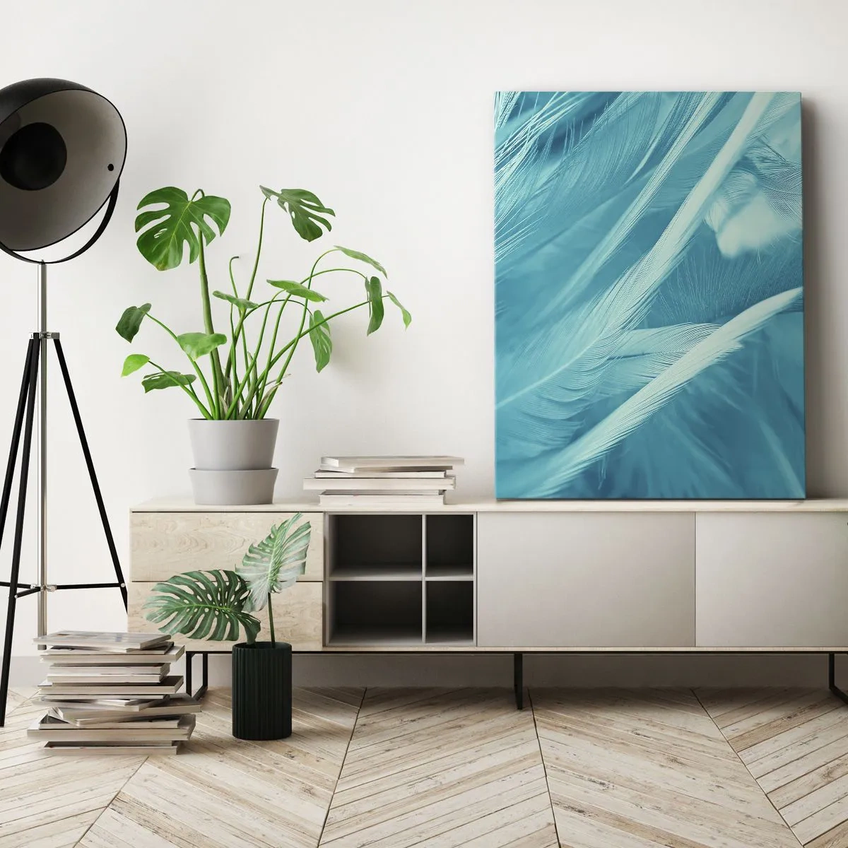 Cuadro sobre lienzo - Impresión de Imagen - Delicadas plumas turquesas en primer plano - 50x70cm - Un manto real - Decoración de pared moderna para salón y dormitorio ARTTOR
