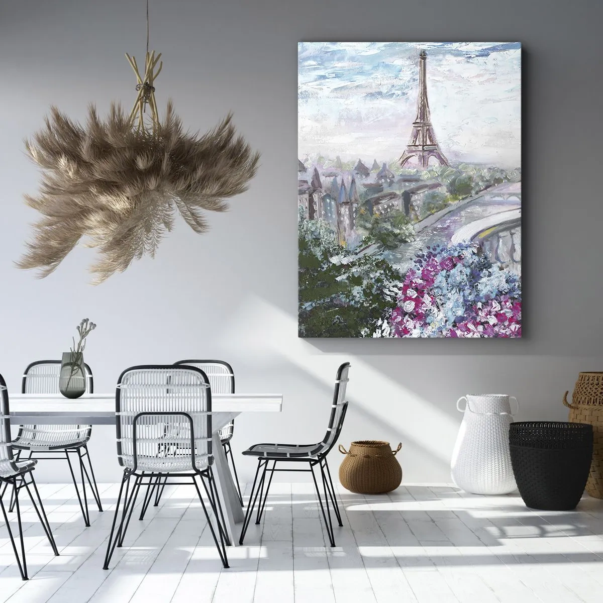 Cuadro sobre lienzo - Impresión de Imagen - Una vista romántica de París con la Torre Eiffel y un balcón lleno de flores. - 50x70cm - Mayo mágico en París - Decoración de pared moderna para salón y dormitorio ARTTOR