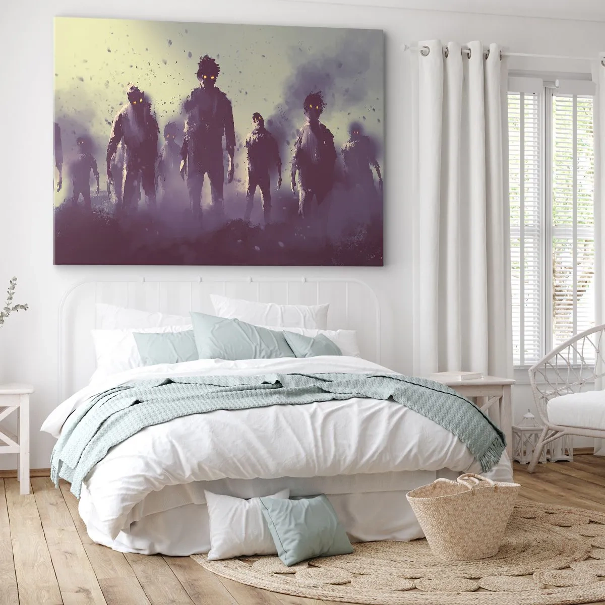 Cuadro sobre lienzo - Impresión de Imagen - Escena oscura con siluetas con ojos amarillos. - 70x50cm - ¡Cuidado! Aquí vienen - Decoración de pared moderna para salón y dormitorio ARTTOR