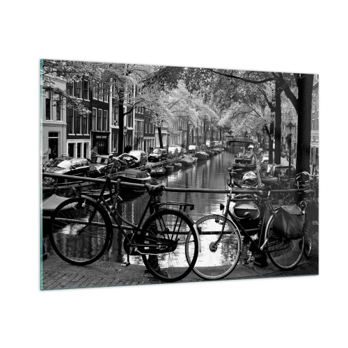 Cuadro sobre vidrio - Impresiones sobre Vidrio - Vista en blanco y negro de un canal con bicicletas y barcos. - 100x70cm - Una visión muy holandesa - Decoración de pared moderna para salón y dormitorio ARTTOR