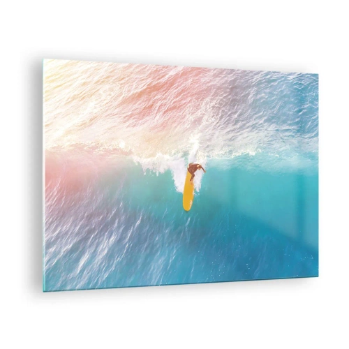 Cuadro sobre vidrio - Impresiones sobre Vidrio - Surfista montando una ola en el océano turquesa - 70x50cm - Jinete del océano - Decoración de pared moderna para salón y dormitorio ARTTOR