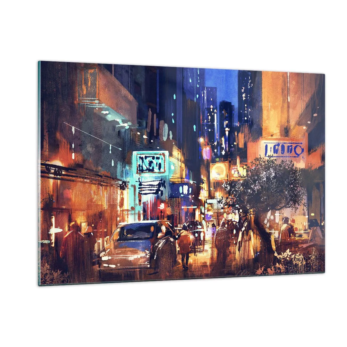 Cuadro sobre vidrio - Impresiones sobre Vidrio - Pintoresca escena nocturna de la ciudad con luces de neón y tráfico callejero. - 120x80cm - Y la ciudad no duerme - Decoración de pared moderna para salón y dormitorio ARTTOR