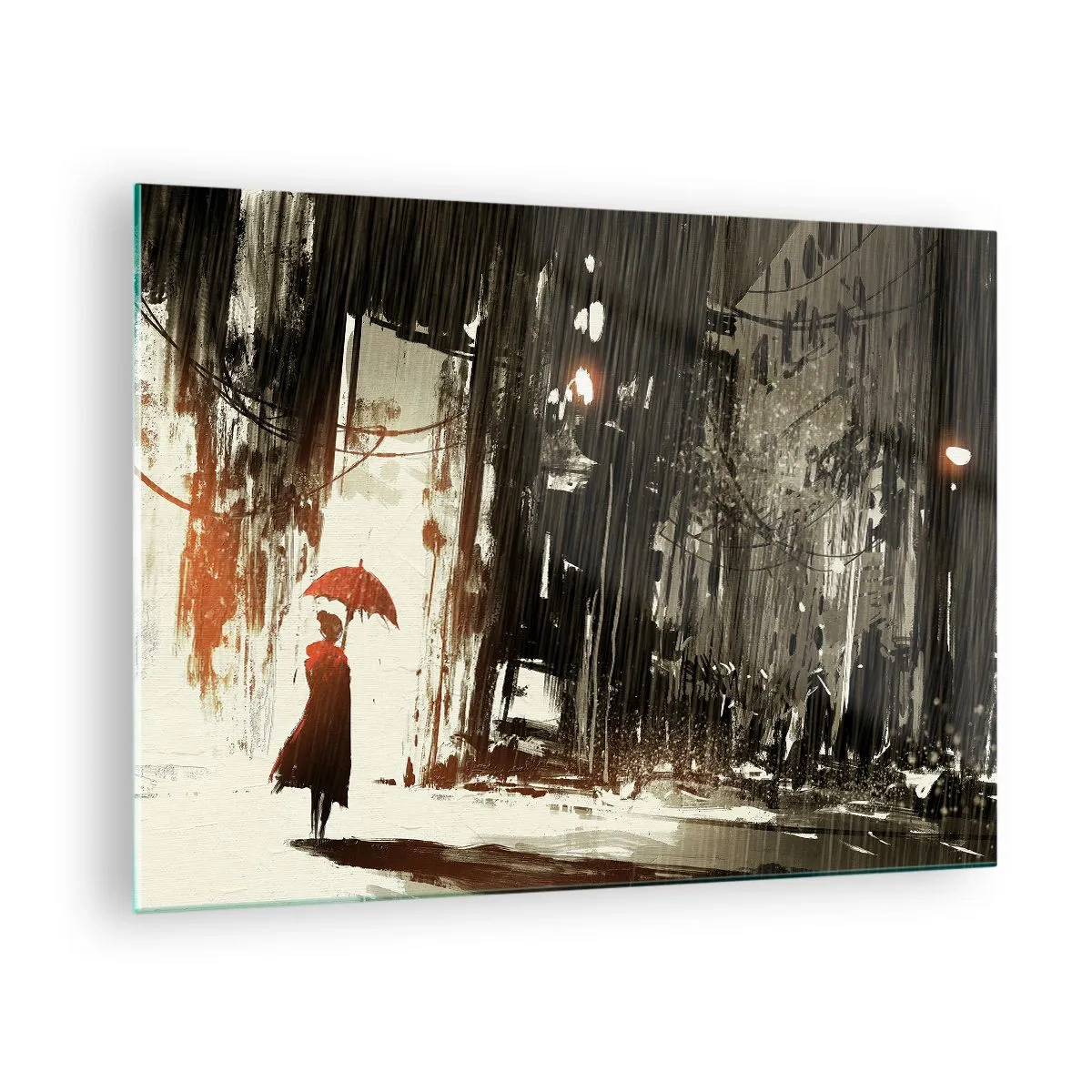 Cuadro sobre vidrio - Impresiones sobre Vidrio - Una persona con un paraguas rojo bajo la lluvia contra un fondo de ciudad oscura. - 70x50cm - Poesía de un paraguas rojo - Decoración de pared moderna para salón y dormitorio ARTTOR
