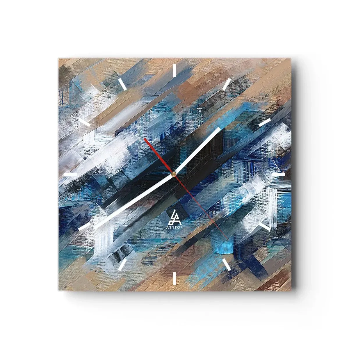 Reloj de pared - Reloj de vidrio - Composición abstracta con líneas diagonales azules. - 30x30cm - En una inclinación azul - Decoración de pared moderna para salón y dormitorio ARTTOR