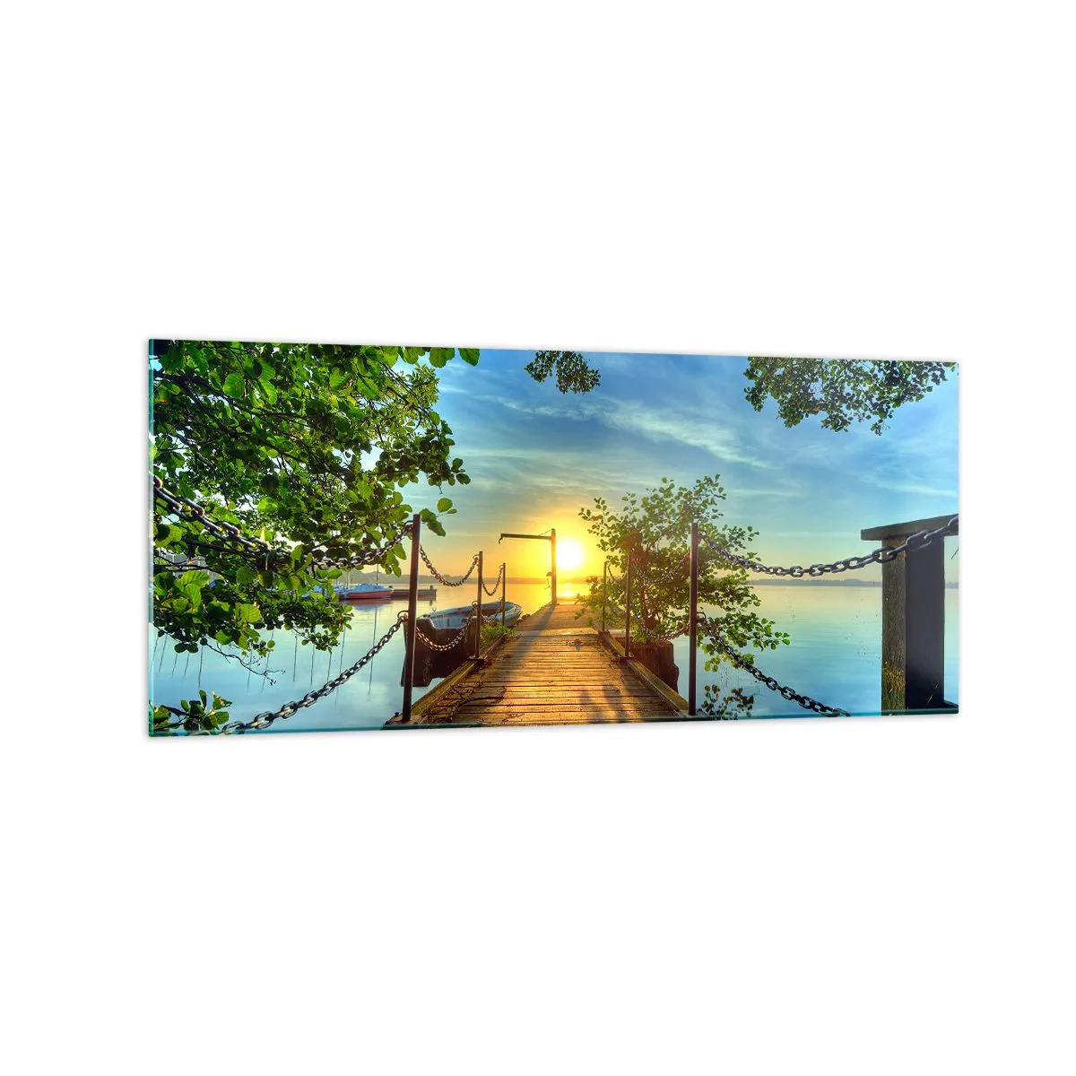 Cuadro sobre vidrio - Impresiones sobre Vidrio - Un muelle sobre el lago bajo los rayos del atardecer. - 120x50cm - Atardecer junto al agua - Decoración de pared moderna para salón y dormitorio ARTTOR