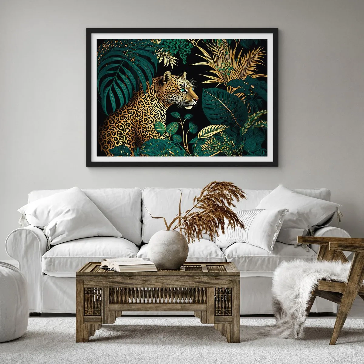 Póster en marco negro - Leopardo en hojas tropicales sobre un fondo negro - 70x50cm - El anfitrión en la jungla - Decoración de pared moderna para salón y dormitorio ARTTOR