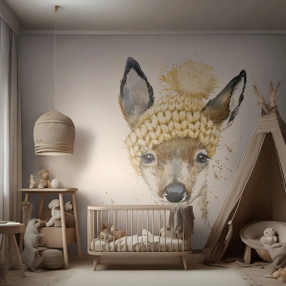 Fotomural Premium Sand - Ilustración en acuarela de un corzo con un gorro de invierno - 100x70cm - Para el invierno en un bosque nevado - Decoración de pared moderna para salón y dormitorio ARTTOR