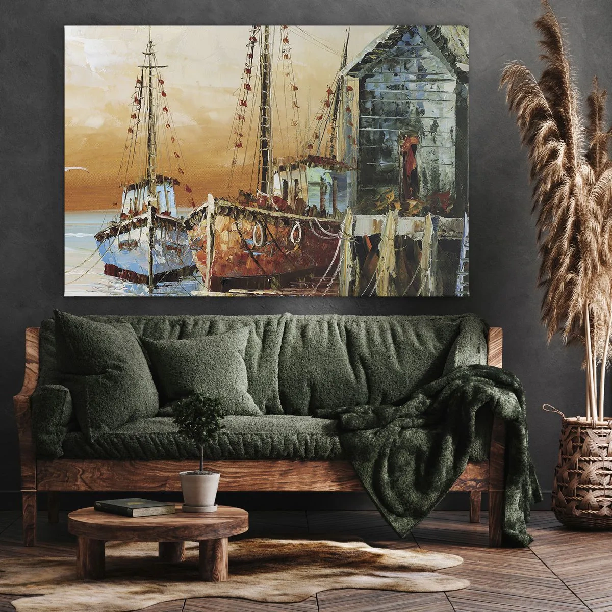 Cuadro sobre lienzo - Impresión de Imagen - Barcos en la orilla bajo la cálida luz del atardecer. - 70x50cm - Regreso pacífico - Decoración de pared moderna para salón y dormitorio ARTTOR